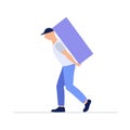 Silhouette porter man . Worker is carrying large box behind his back. Cartoon loader man.